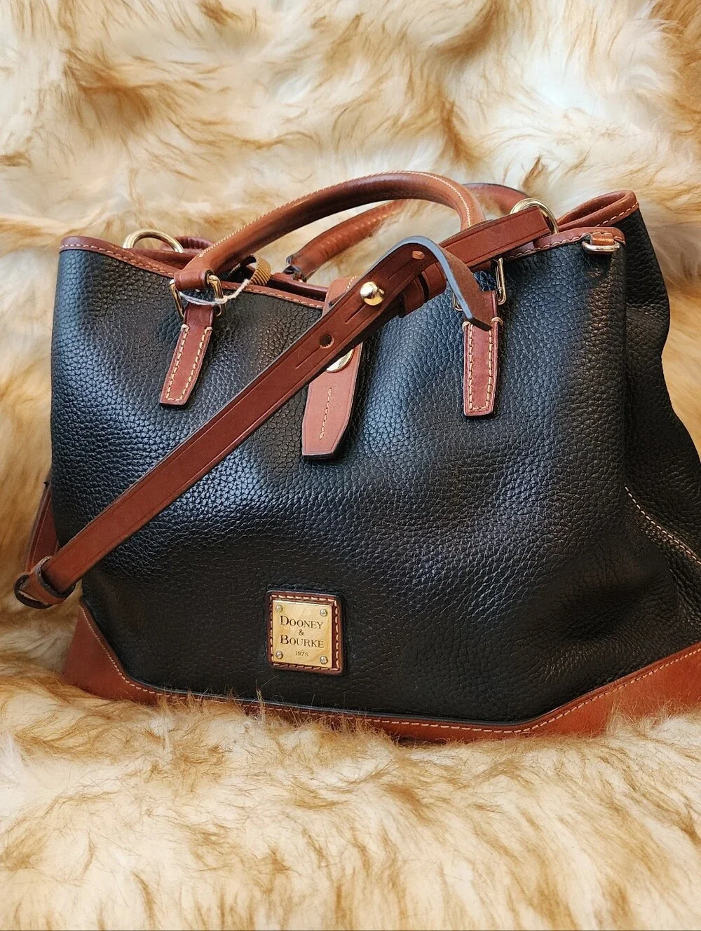 Dooney & Bourke Black Pebbled Leather Satchel with Brown Trim
